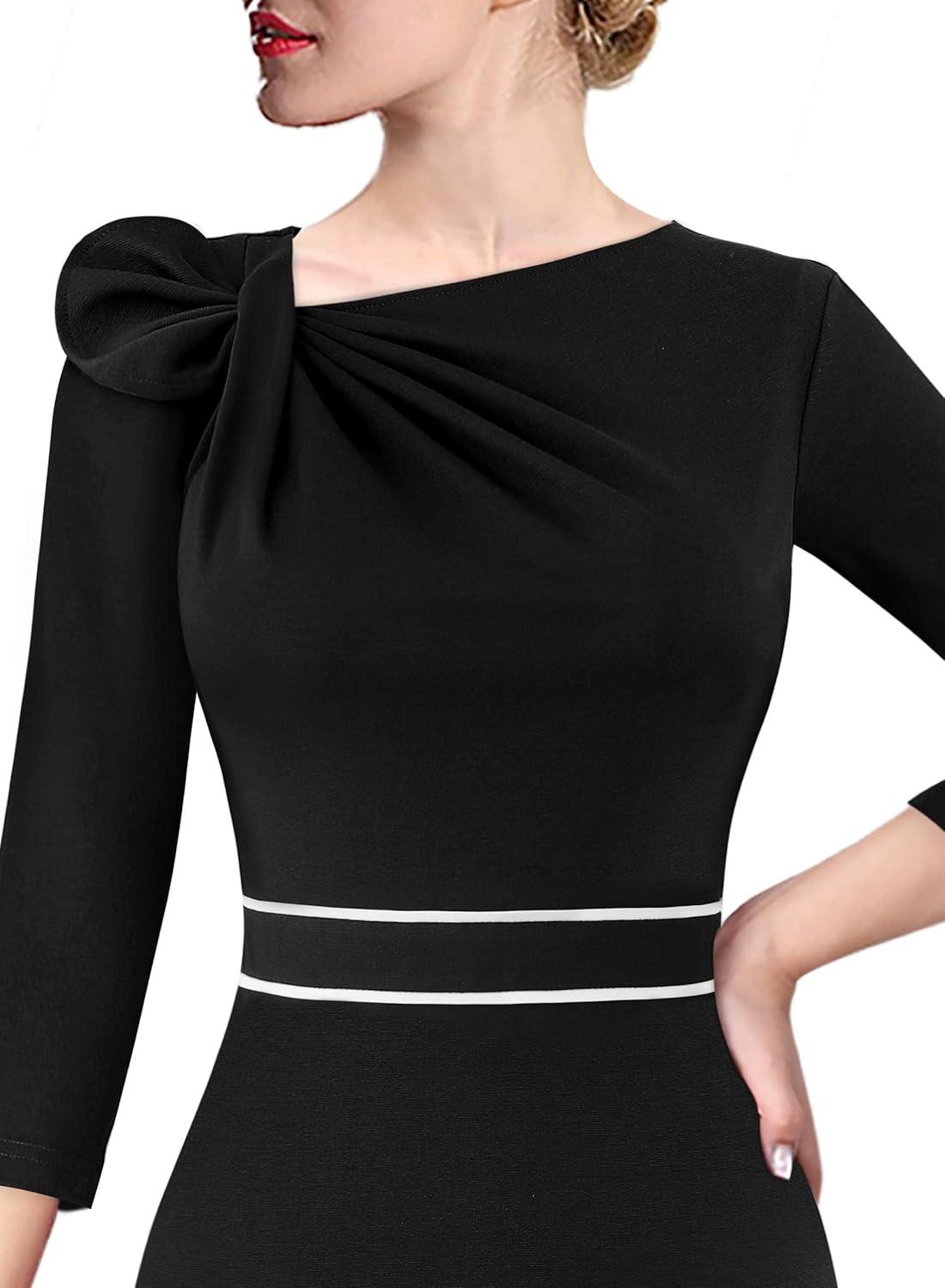 image:imageVFSHOW Womens Pleated Asymmetric Bow Neck Work Business Office Church Cocktail Party Pencil Sheath DressBlack With White Piping