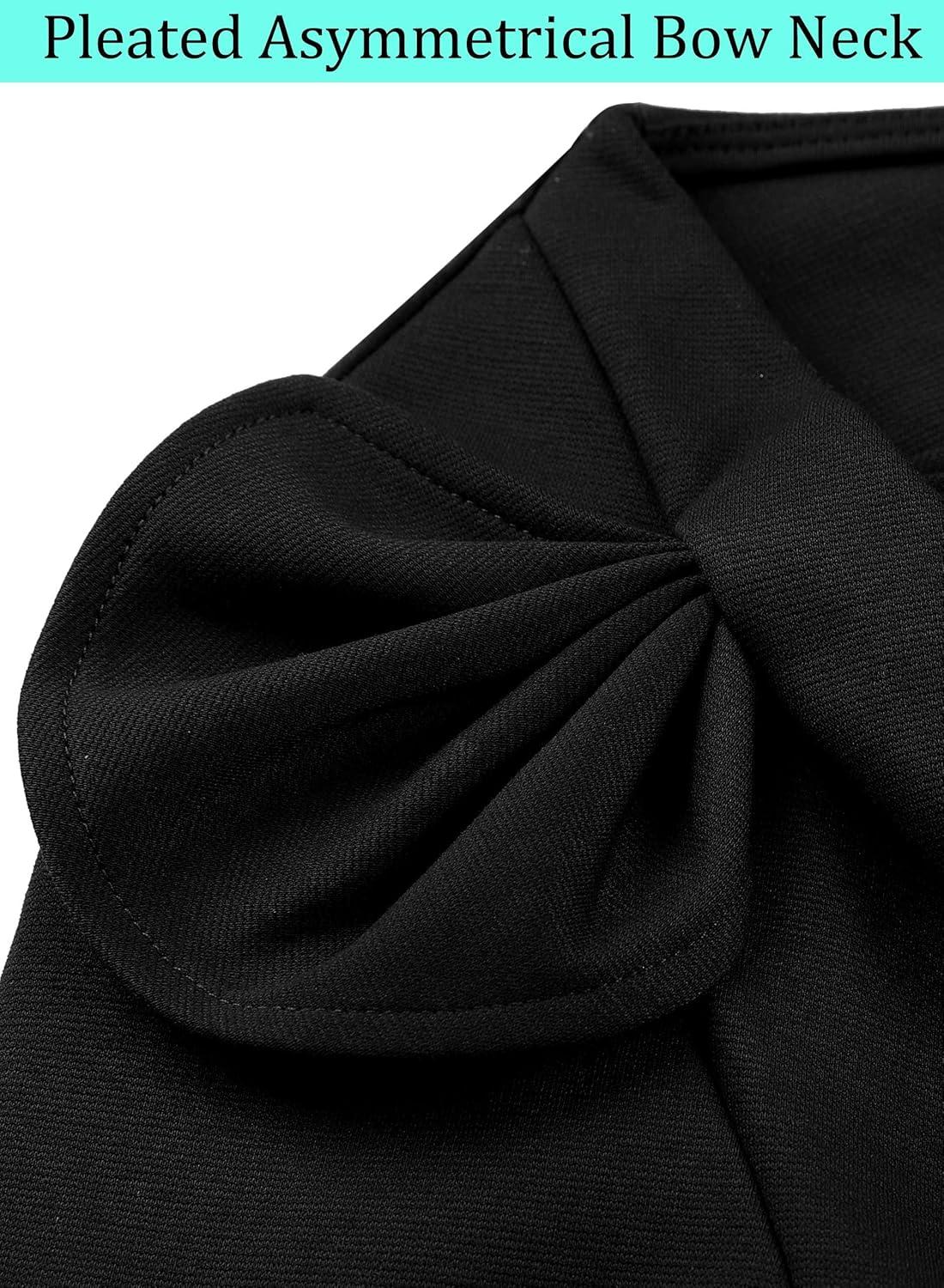 image:imageVFSHOW Womens Pleated Asymmetric Bow Neck Work Business Office Church Cocktail Party Pencil Sheath DressBlack With White Piping