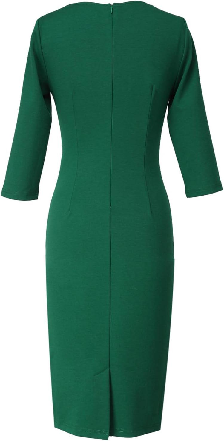 image:imageVFSHOW Womens Pleated Asymmetric Bow Neck Work Business Office Church Cocktail Party Pencil Sheath DressGreen
