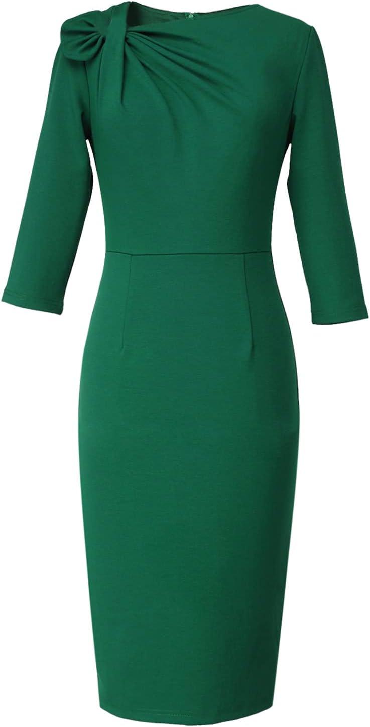 image:imageVFSHOW Womens Pleated Asymmetric Bow Neck Work Business Office Church Cocktail Party Pencil Sheath DressGreen