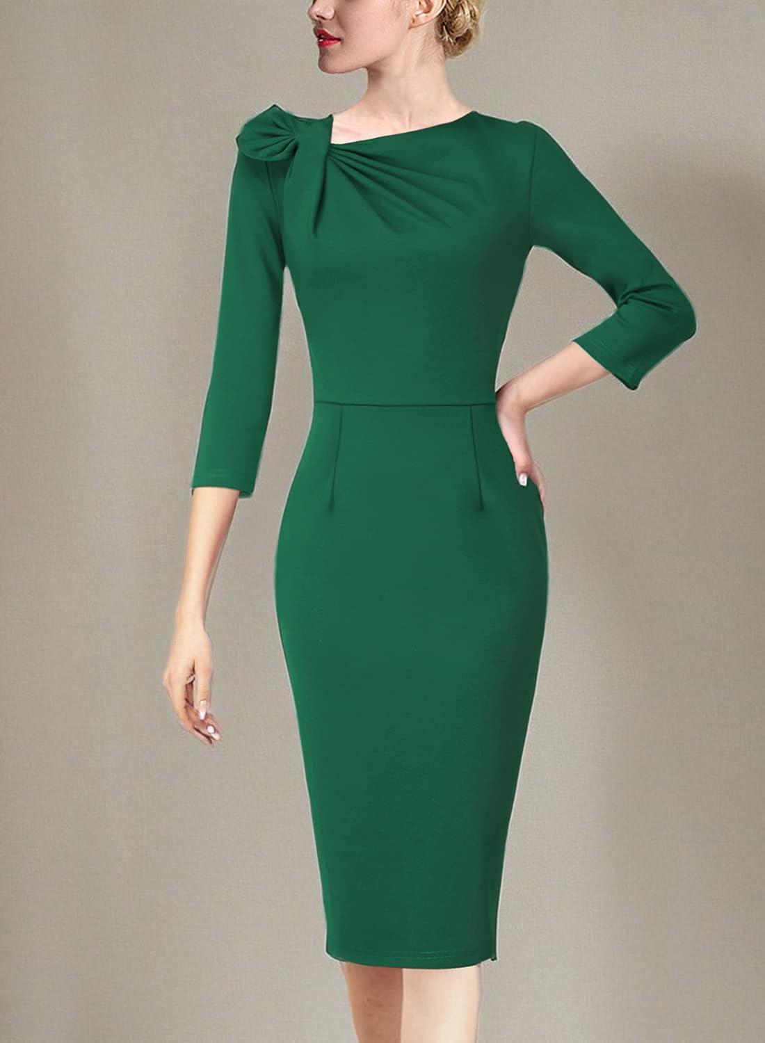 image:imageVFSHOW Womens Pleated Asymmetric Bow Neck Work Business Office Church Cocktail Party Pencil Sheath DressGreen