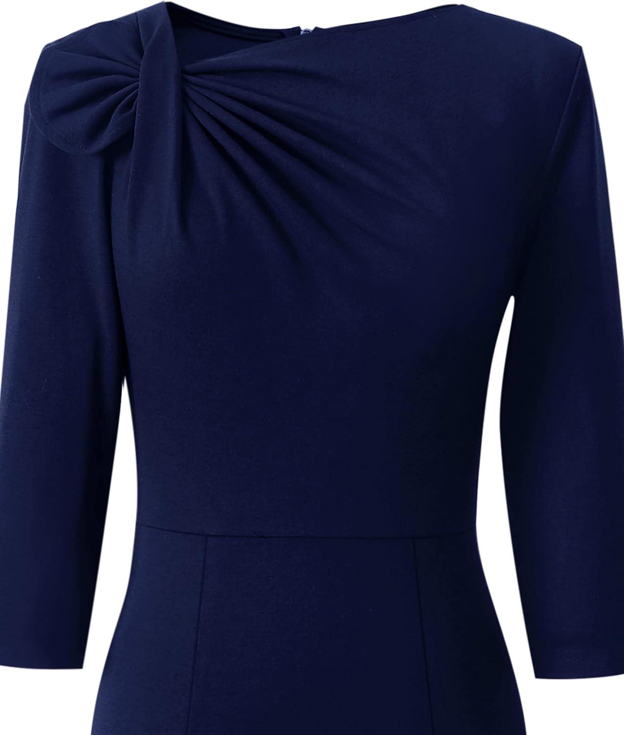 image:imageVFSHOW Womens Pleated Asymmetric Bow Neck Work Business Office Church Cocktail Party Pencil Sheath DressNavy Blue