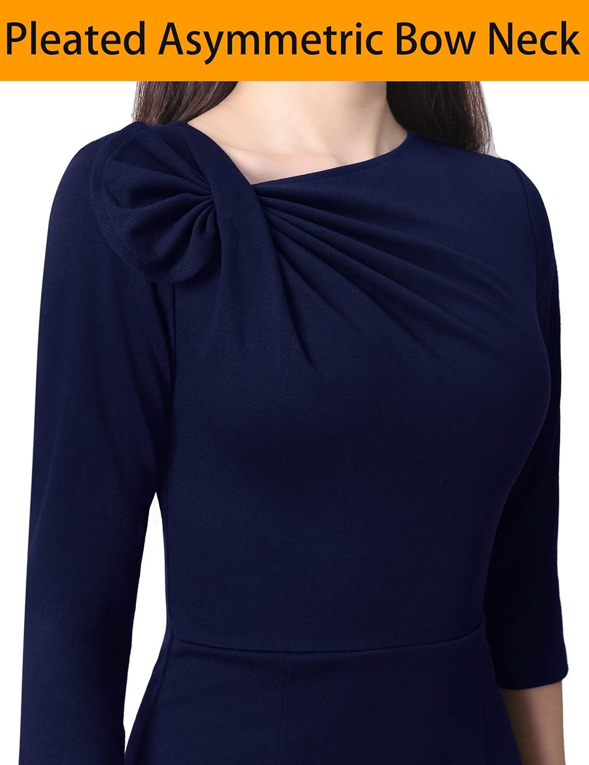 image:imageVFSHOW Womens Pleated Asymmetric Bow Neck Work Business Office Church Cocktail Party Pencil Sheath DressNavy Blue
