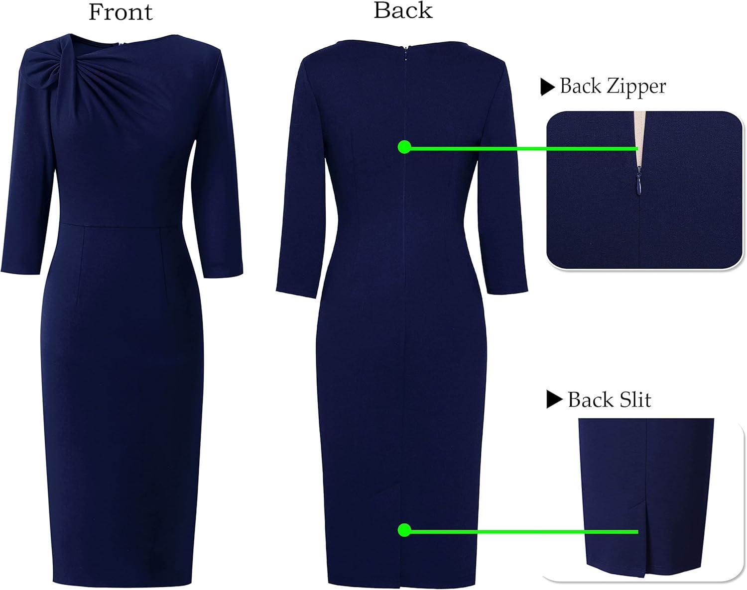 image:imageVFSHOW Womens Pleated Asymmetric Bow Neck Work Business Office Church Cocktail Party Pencil Sheath DressNavy Blue