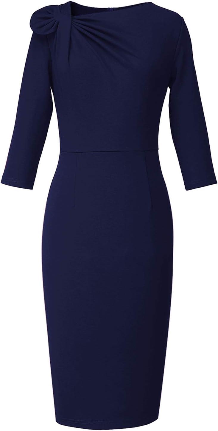image:imageVFSHOW Womens Pleated Asymmetric Bow Neck Work Business Office Church Cocktail Party Pencil Sheath DressNavy Blue