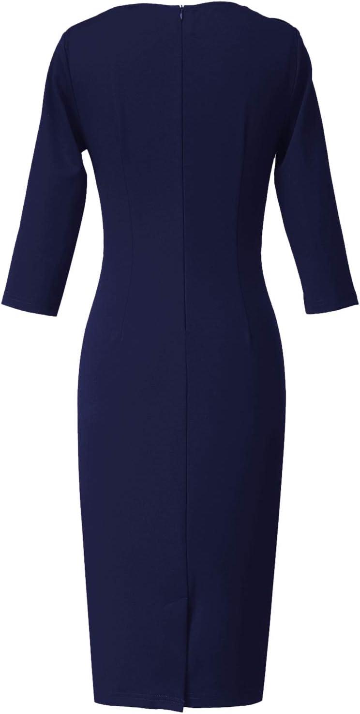 image:imageVFSHOW Womens Pleated Asymmetric Bow Neck Work Business Office Church Cocktail Party Pencil Sheath DressNavy Blue