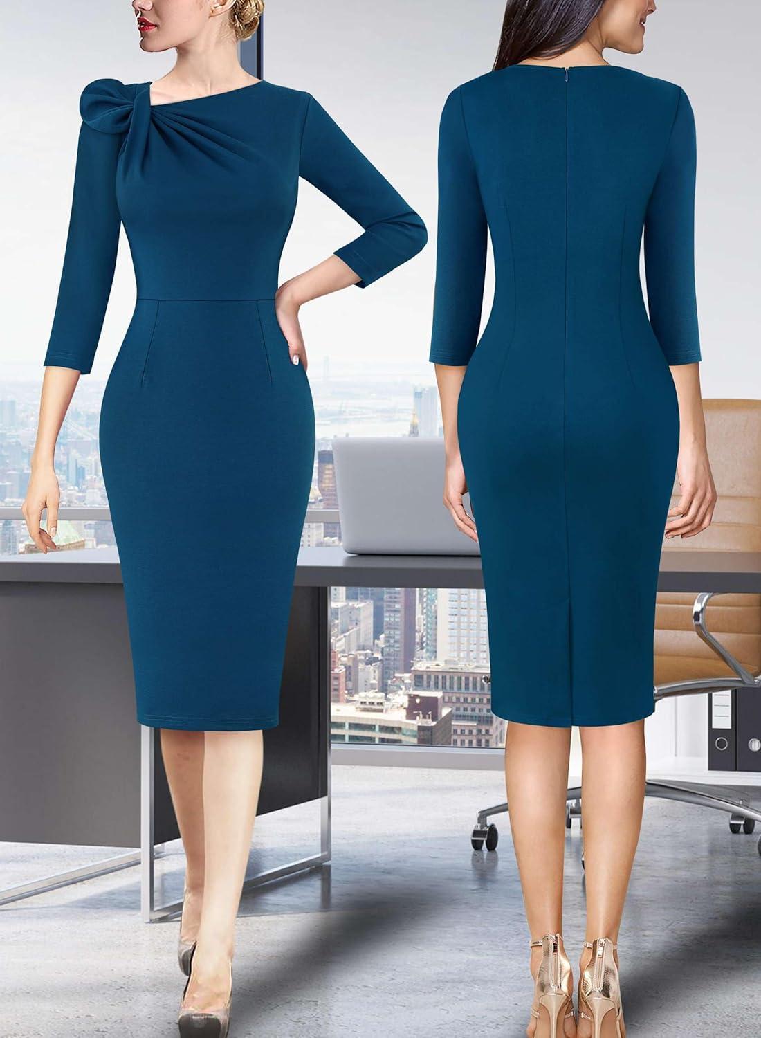 image:imageVFSHOW Womens Pleated Asymmetric Bow Neck Work Business Office Church Cocktail Party Pencil Sheath DressPeacock Blue