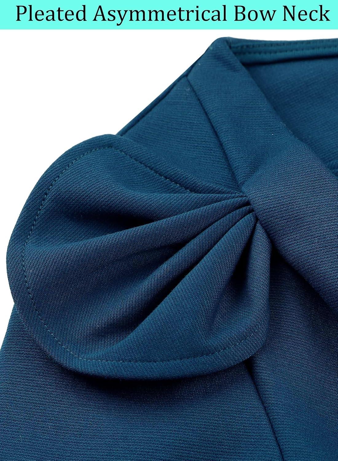 image:imageVFSHOW Womens Pleated Asymmetric Bow Neck Work Business Office Church Cocktail Party Pencil Sheath DressPeacock Blue