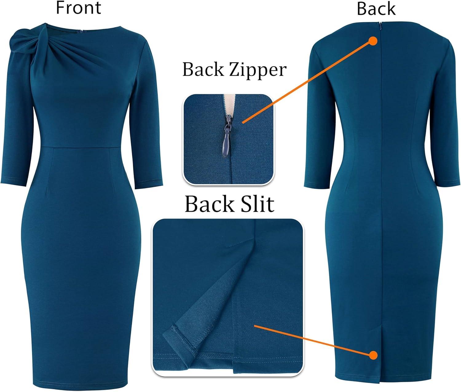 image:imageVFSHOW Womens Pleated Asymmetric Bow Neck Work Business Office Church Cocktail Party Pencil Sheath DressPeacock Blue