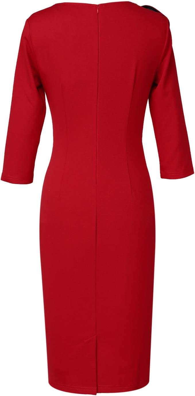 image:imageVFSHOW Womens Pleated Asymmetric Bow Neck Work Business Office Church Cocktail Party Pencil Sheath DressRed