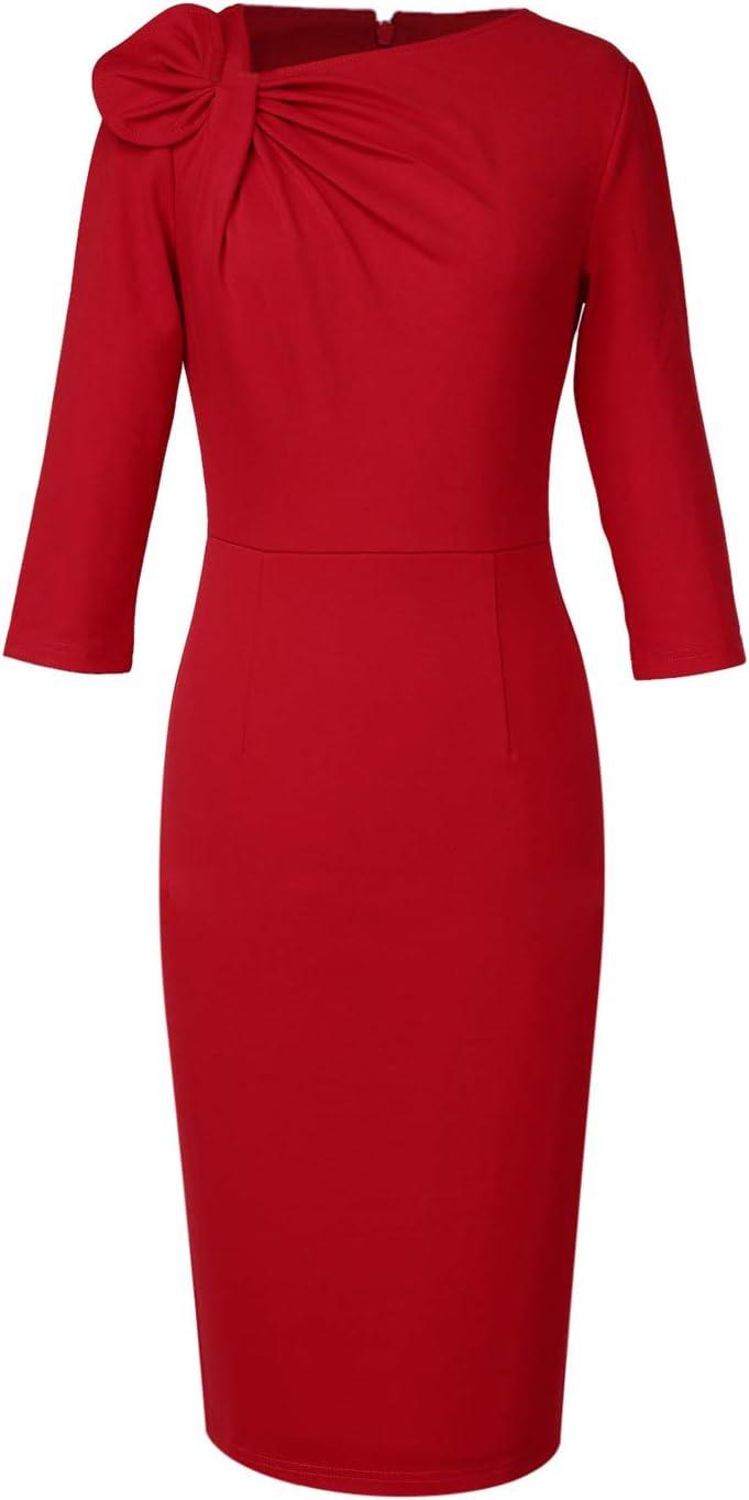 image:imageVFSHOW Womens Pleated Asymmetric Bow Neck Work Business Office Church Cocktail Party Pencil Sheath DressRed