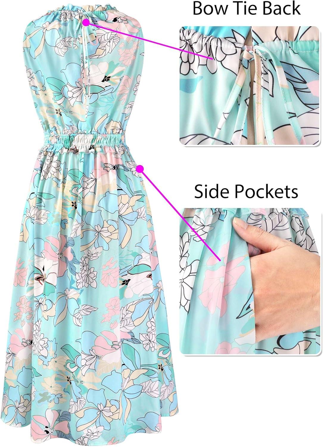 image:imageVFSHOW Womens Summer Casual Ruffle Crew Neck Midi Long Dress Sleeveless Wedding Guest Pocket Flowy A Line Tunic SundressBlue Multi Floral Print