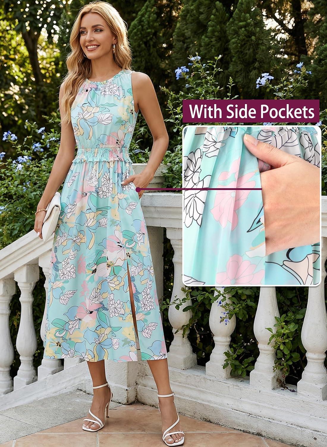 image:imageVFSHOW Womens Summer Casual Ruffle Crew Neck Midi Long Dress Sleeveless Wedding Guest Pocket Flowy A Line Tunic SundressBlue Multi Floral Print