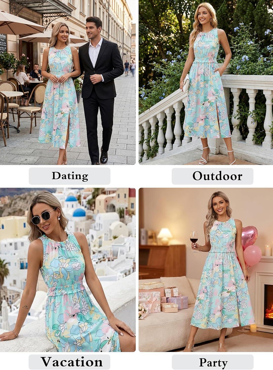 image:imageVFSHOW Womens Summer Casual Ruffle Crew Neck Midi Long Dress Sleeveless Wedding Guest Pocket Flowy A Line Tunic SundressBlue Multi Floral Print