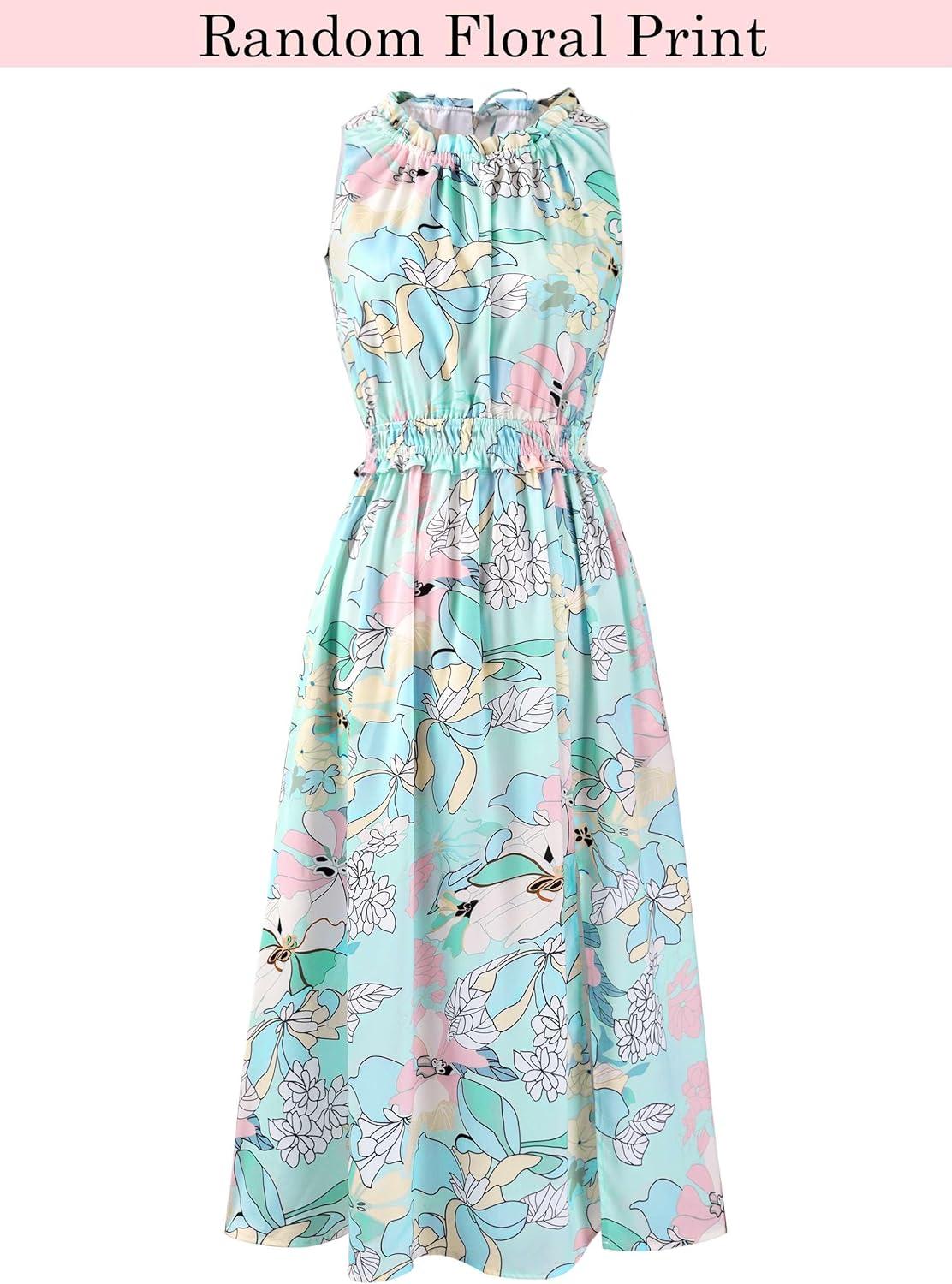 image:imageVFSHOW Womens Summer Casual Ruffle Crew Neck Midi Long Dress Sleeveless Wedding Guest Pocket Flowy A Line Tunic SundressBlue Multi Floral Print
