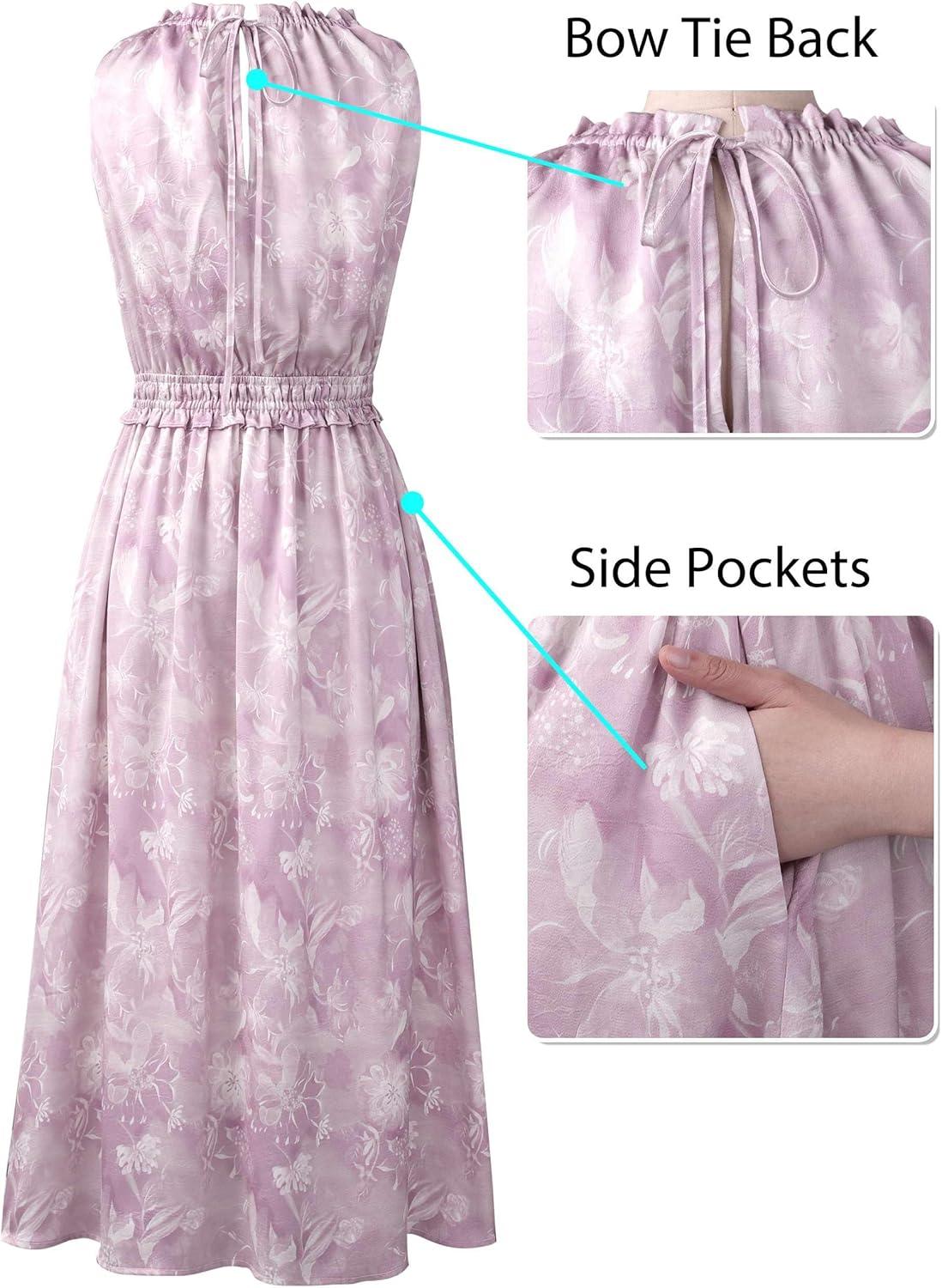 image:imageVFSHOW Womens Summer Casual Ruffle Crew Neck Midi Long Dress Sleeveless Wedding Guest Pocket Flowy A Line Tunic SundressPink Purple Floral Print
