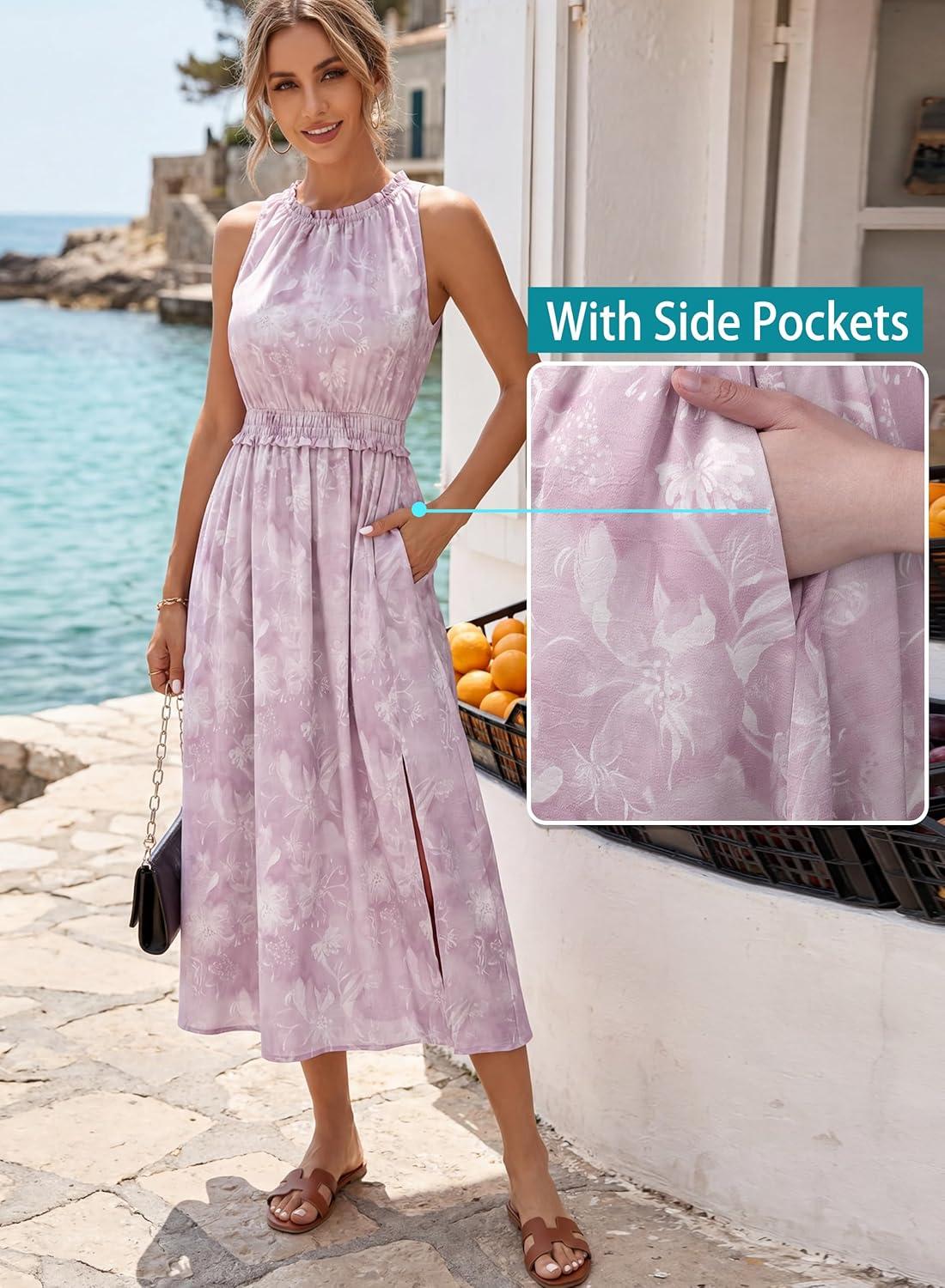 image:imageVFSHOW Womens Summer Casual Ruffle Crew Neck Midi Long Dress Sleeveless Wedding Guest Pocket Flowy A Line Tunic SundressPink Purple Floral Print