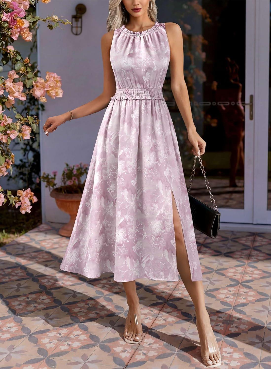 image:imageVFSHOW Womens Summer Casual Ruffle Crew Neck Midi Long Dress Sleeveless Wedding Guest Pocket Flowy A Line Tunic SundressPink Purple Floral Print