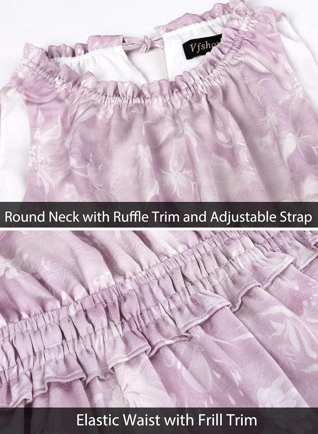 image:imageVFSHOW Womens Summer Casual Ruffle Crew Neck Midi Long Dress Sleeveless Wedding Guest Pocket Flowy A Line Tunic SundressPink Purple Floral Print