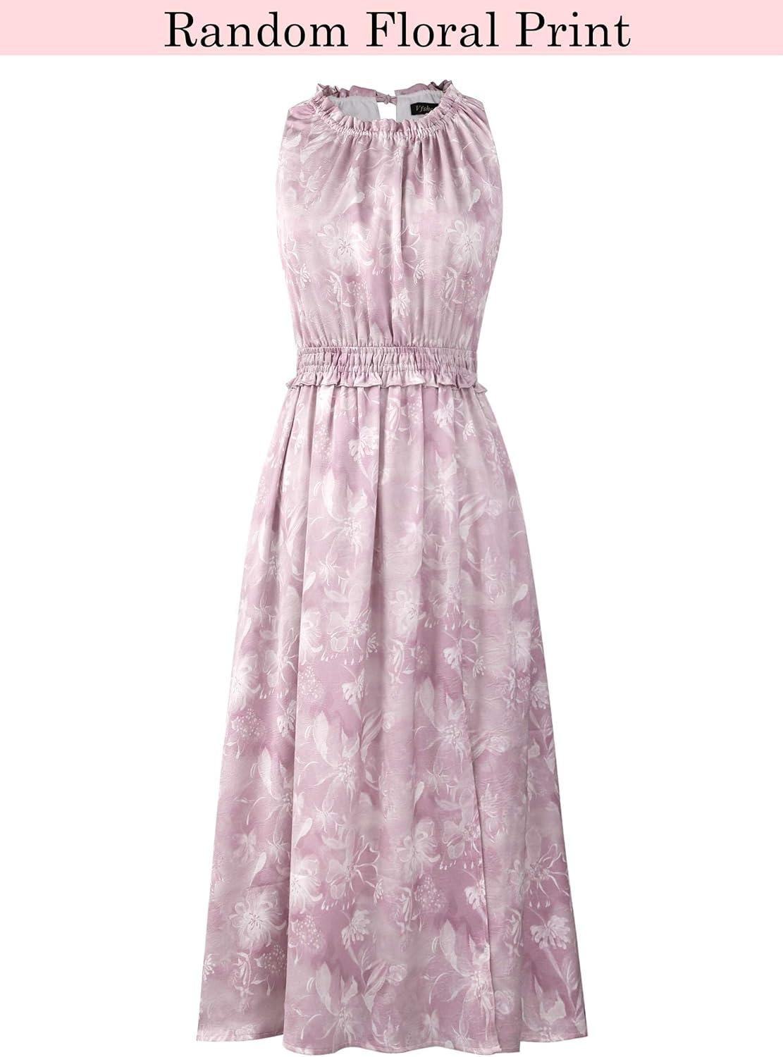 image:imageVFSHOW Womens Summer Casual Ruffle Crew Neck Midi Long Dress Sleeveless Wedding Guest Pocket Flowy A Line Tunic SundressPink Purple Floral Print