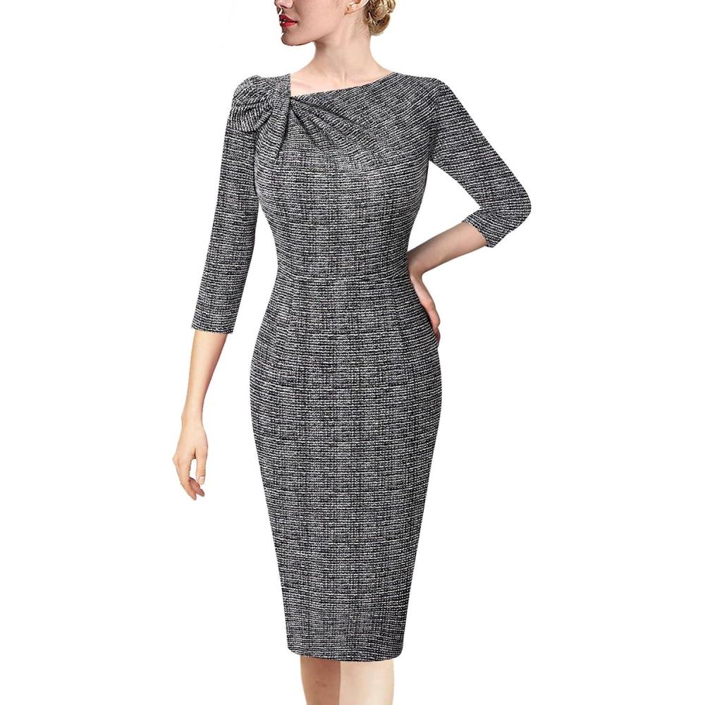 image:imageVFSHOW Womens Pleated Asymmetric Bow Neck Work Business Office Church Cocktail Party Pencil Sheath DressBlack Tweed