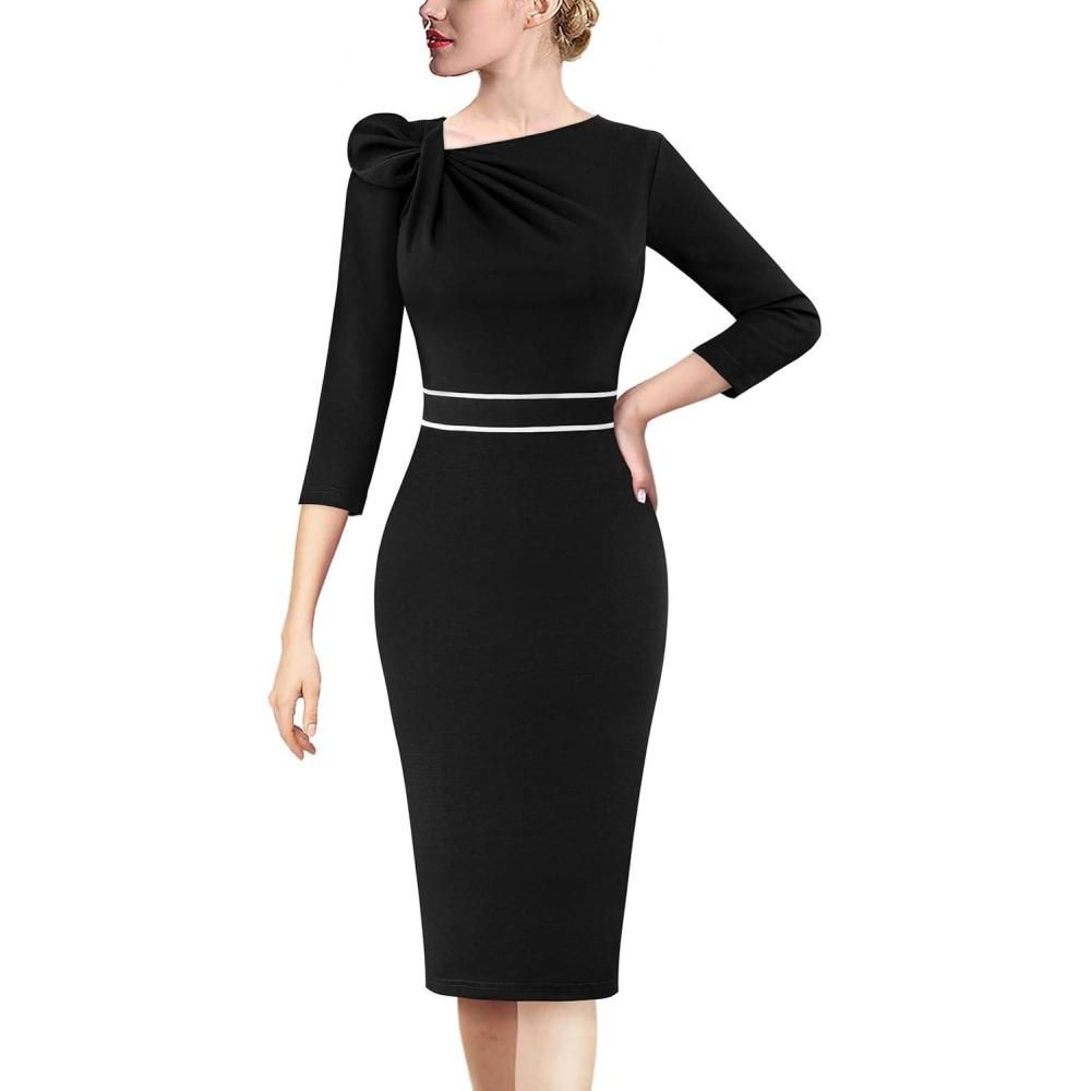 image:imageVFSHOW Womens Pleated Asymmetric Bow Neck Work Business Office Church Cocktail Party Pencil Sheath DressBlack With White Piping