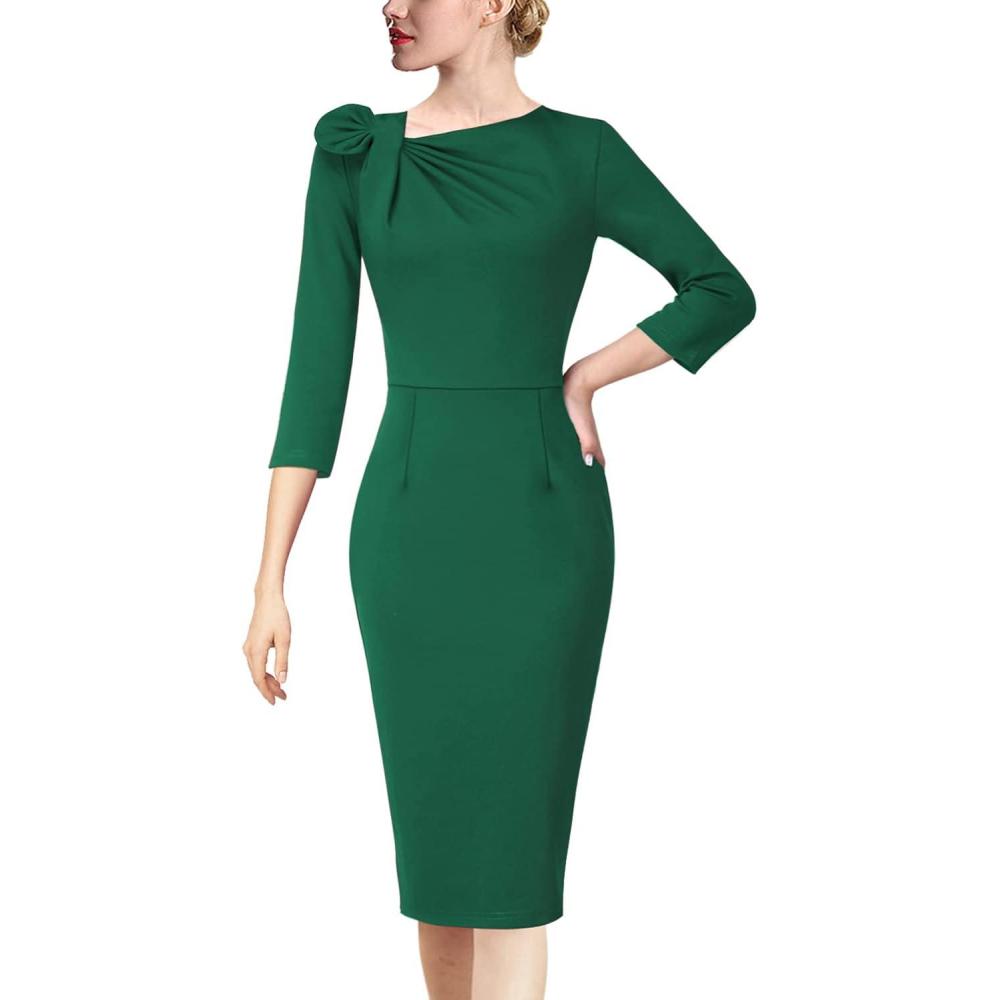 image:imageVFSHOW Womens Pleated Asymmetric Bow Neck Work Business Office Church Cocktail Party Pencil Sheath DressGreen