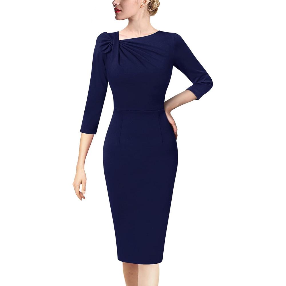 image:imageVFSHOW Womens Pleated Asymmetric Bow Neck Work Business Office Church Cocktail Party Pencil Sheath DressNavy Blue