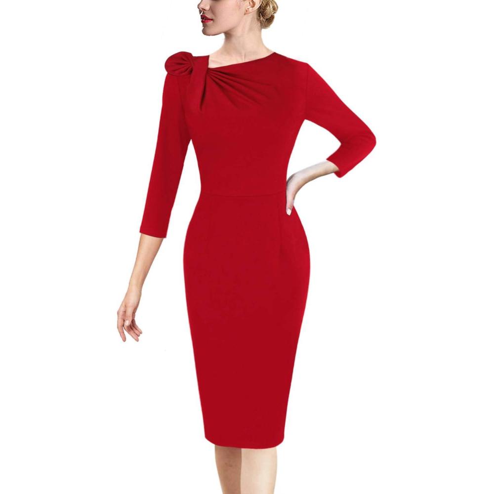 image:imageVFSHOW Womens Pleated Asymmetric Bow Neck Work Business Office Church Cocktail Party Pencil Sheath DressRed