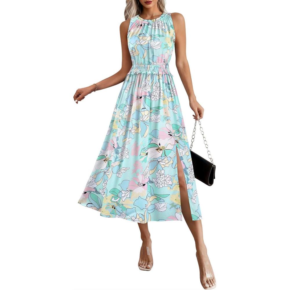 image:imageVFSHOW Womens Summer Casual Ruffle Crew Neck Midi Long Dress Sleeveless Wedding Guest Pocket Flowy A Line Tunic SundressBlue Multi Floral Print