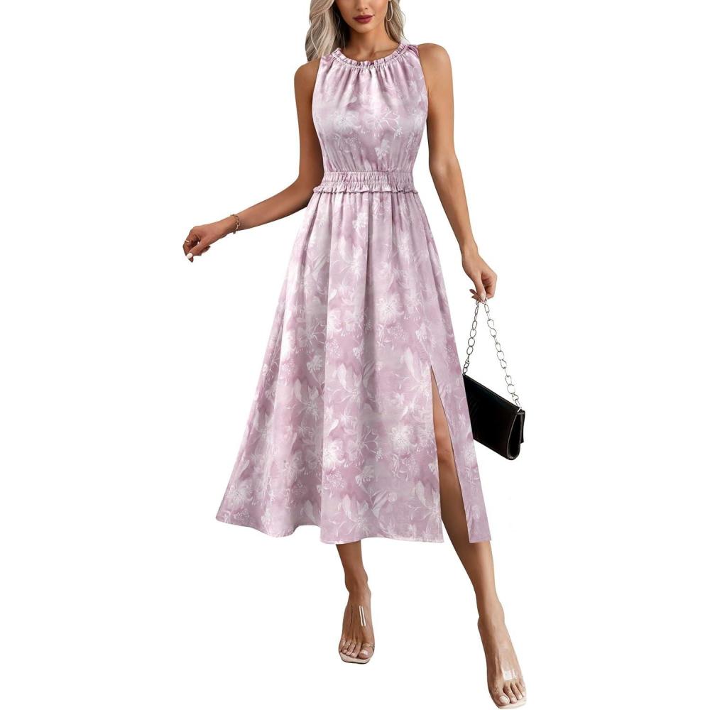 image:imageVFSHOW Womens Summer Casual Ruffle Crew Neck Midi Long Dress Sleeveless Wedding Guest Pocket Flowy A Line Tunic SundressPink Purple Floral Print