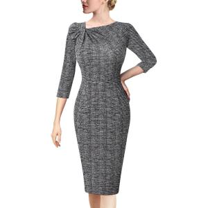 image:imageVFSHOW Womens Pleated Asymmetric Bow Neck Work Business Office Church Cocktail Party Pencil Sheath DressBlack Tweed