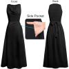 image:imageVFSHOW Womens Elegant Cocktail Wedding Guest Long Dress 2026 Smocked Cowl Neck Sleeveless Pocket Tie Waist Wrap A Line DressBlack