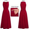image:imageVFSHOW Womens Elegant Cocktail Wedding Guest Long Dress 2026 Smocked Cowl Neck Sleeveless Pocket Tie Waist Wrap A Line DressRed