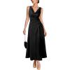 image:imageVFSHOW Womens Elegant Cocktail Wedding Guest Long Dress 2026 Smocked Cowl Neck Sleeveless Pocket Tie Waist Wrap A Line DressBlack