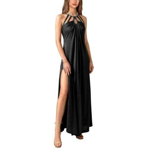 image:imageVFSHOW Womens Cut Out Halter Neck Formal Prom Dress Beaded Ruched Sleeveless A Line Long Maxi Evening Ball Gwon DressesBlack