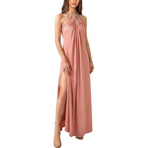 image:imageVFSHOW Womens Cut Out Halter Neck Formal Prom Dress Beaded Ruched Sleeveless A Line Long Maxi Evening Ball Gwon DressesPink