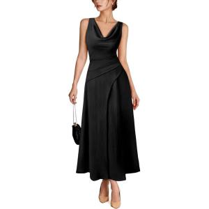 image:imageVFSHOW Womens Elegant Cocktail Wedding Guest Long Dress 2026 Smocked Cowl Neck Sleeveless Pocket Tie Waist Wrap A Line DressBlack