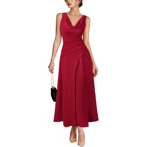 image:imageVFSHOW Womens Elegant Cocktail Wedding Guest Long Dress 2026 Smocked Cowl Neck Sleeveless Pocket Tie Waist Wrap A Line DressRed