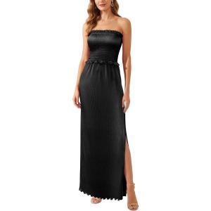 image:imageVFSHOW Womens Strapless Maxi Dress 2026 Smocked Ruffle Tube Top Long Dress Side Slit Pleated Formal Prom Evening Gown DressesBlack