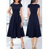 image:imageVFSHOW Womens 2025 Wear to Work Business Office Casual Pockets Belted Pleated Vintage Church Cocktail A Line Fit and Flare Midi Dress Navy Blue XXLarge 11893 BLU XXL