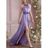 image:imageVFSHOW Womens 3D Floral Halter Satin Formal Evening Gown High Slit ALine Maxi Wedding Guest Party Bridesmaid Blouson DressLight Purple