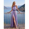 image:imageVFSHOW Womens 3D Floral Halter Satin Formal Evening Gown High Slit ALine Maxi Wedding Guest Party Bridesmaid Blouson DressLight Purple
