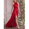 image:imageVFSHOW Womens 3D Floral Halter Satin Formal Evening Gown High Slit ALine Maxi Wedding Guest Party Bridesmaid Blouson DressRed