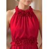 image:imageVFSHOW Womens 3D Floral Halter Satin Formal Evening Gown High Slit ALine Maxi Wedding Guest Party Bridesmaid Blouson DressRed