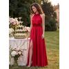 image:imageVFSHOW Womens 3D Floral Halter Satin Formal Evening Gown High Slit ALine Maxi Wedding Guest Party Bridesmaid Blouson DressRed