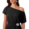 image:imageVFSHOW Womens One Shoulder Formal Wedding Guest Pleated Maxi Dress Elegant Off Shoulder Tie Waist Long Cocktail Evening GownBlack