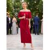 image:imageVFSHOW Womens One Shoulder Formal Wedding Guest Pleated Maxi Dress Elegant Off Shoulder Tie Waist Long Cocktail Evening GownRed