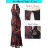 image:imageVFSHOW Womens Sexy Cut Out Halter Semi Formal Wedding Guest Bodycon Long Cocktail Party Mermaid DressBlack With Red Floral Print