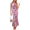 image:imageVFSHOW Womens Elegant Halter Neck Formal Bodycon Fitted Wedding Guest Long Cocktail Evening Mermaid Maxi DressPink Purple Floral Print